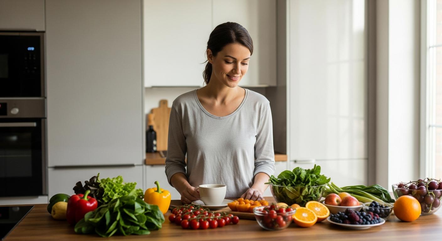 Une femme souriante dans sa cuisine devant des fruits frais et une tasse de café, illustrant la réflexion sur la liste des aliments à éviter pendant l'allaitement.