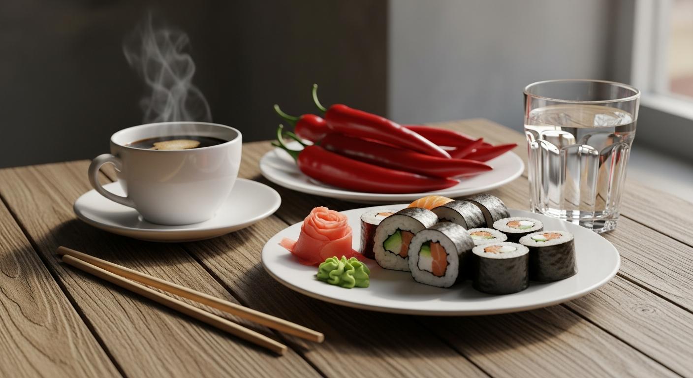 Vue rapprochée d'une tasse de café, de sushis et de piments sur une table en bois, représentant la liste des aliments à éviter pendant l'allaitement par précaution.