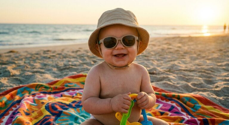Close up of a happy baby wearing baby sunglasses and a hat at the beach