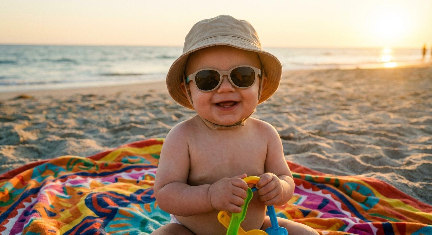 Close up of a happy baby wearing baby sunglasses and a hat at the beach