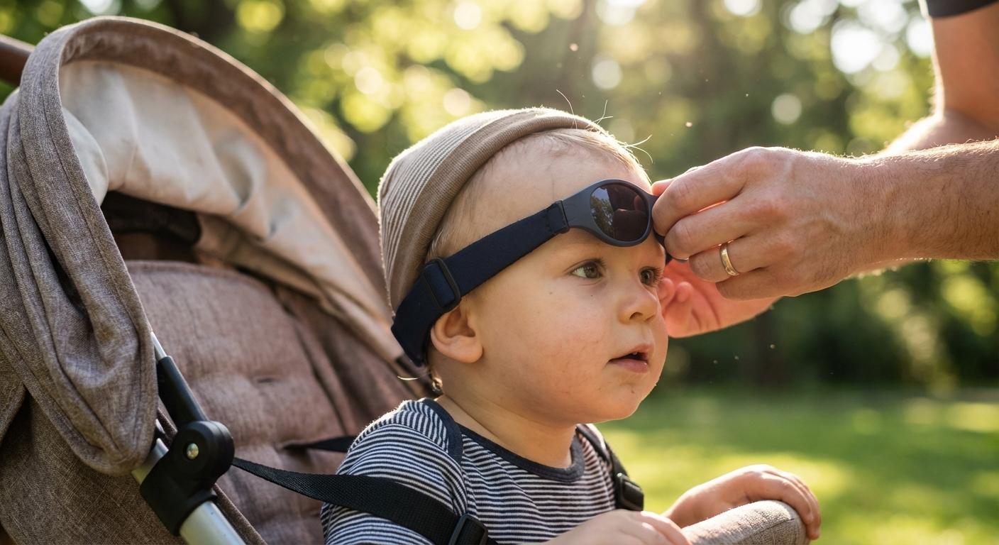 Mom adjusting the strap of baby sunglasses on her child in a stroller