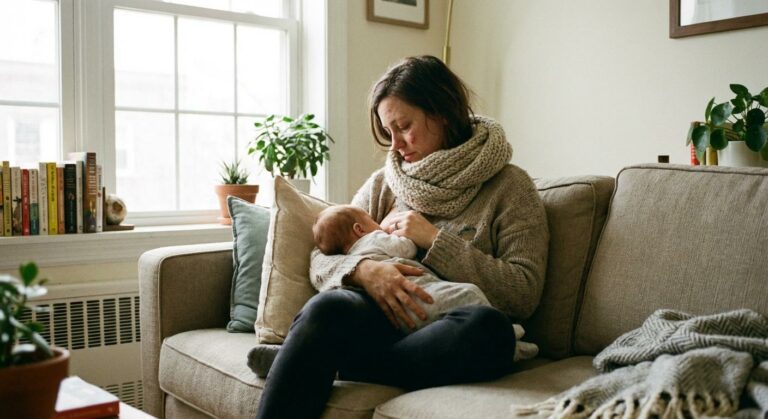 Une mère portant une écharpe allaite son bébé sur un canapé tout en gérant son mal de gorge et allaitement.