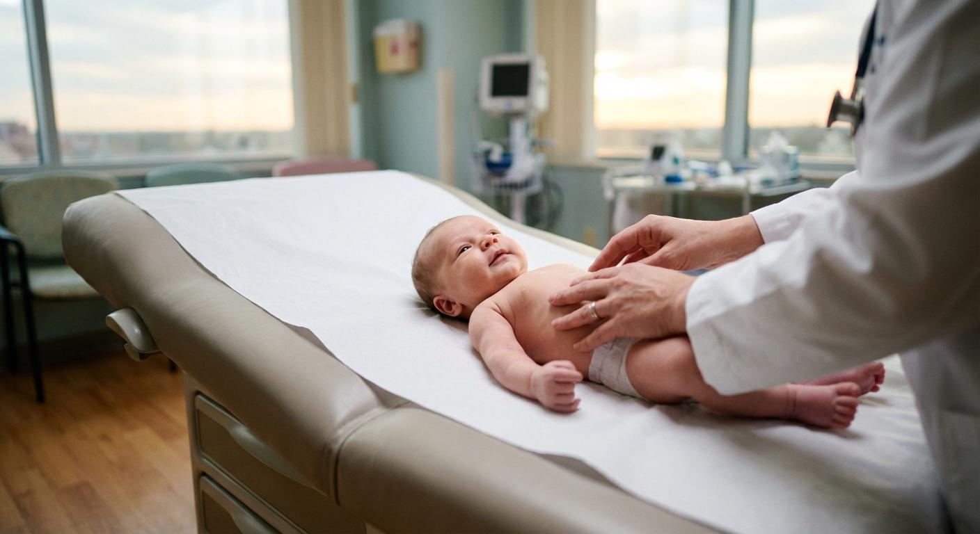 Pediatrician examining an infant to screen for hemolytic disease of the newborn