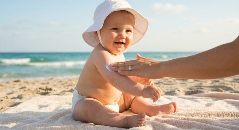 Smiling baby with a hat on the beach receiving an application of the best baby sunscreen on the arm