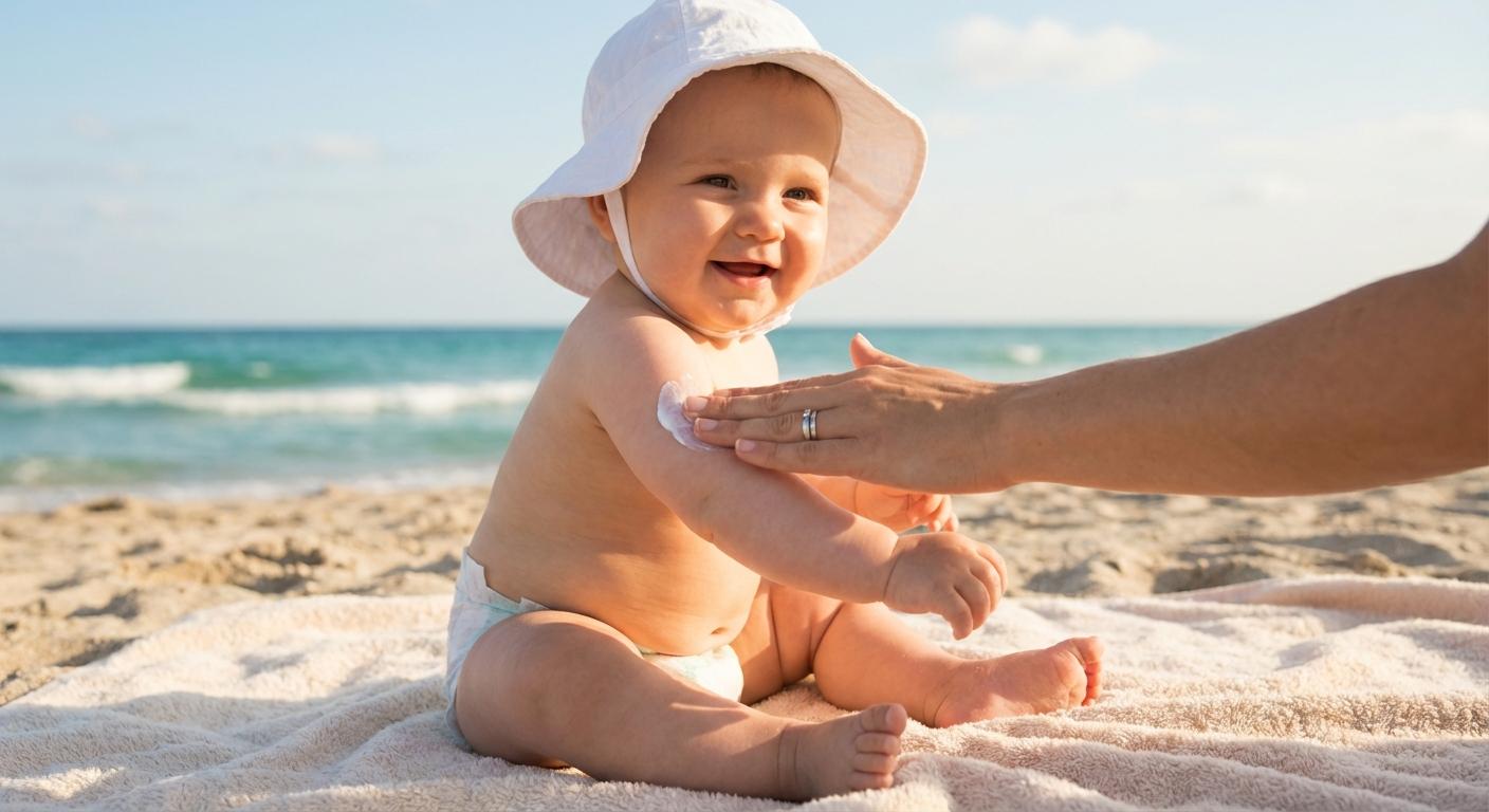 Smiling baby with a hat on the beach receiving an application of the best baby sunscreen on the arm