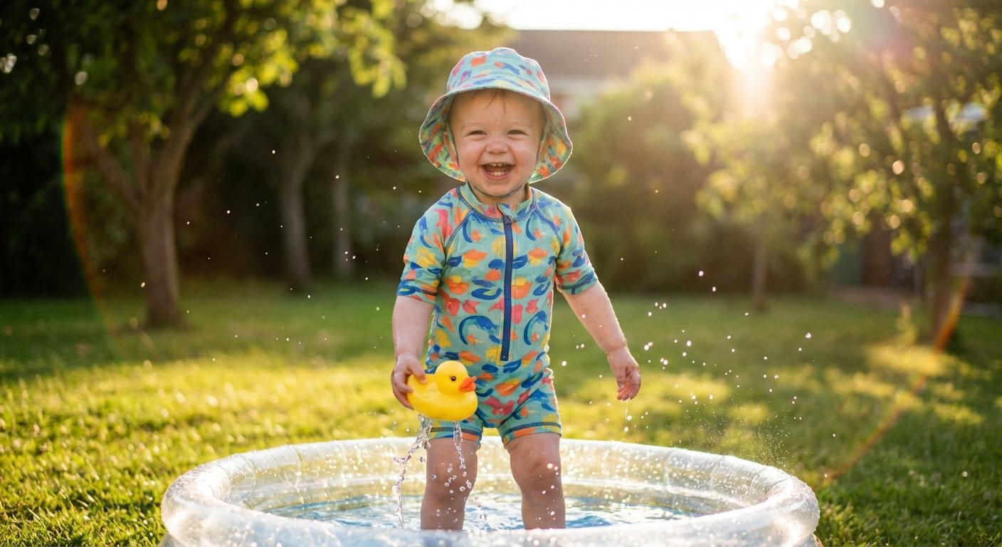 A toddler playing outside with a UV rash guard and protected by the best baby sunscreen