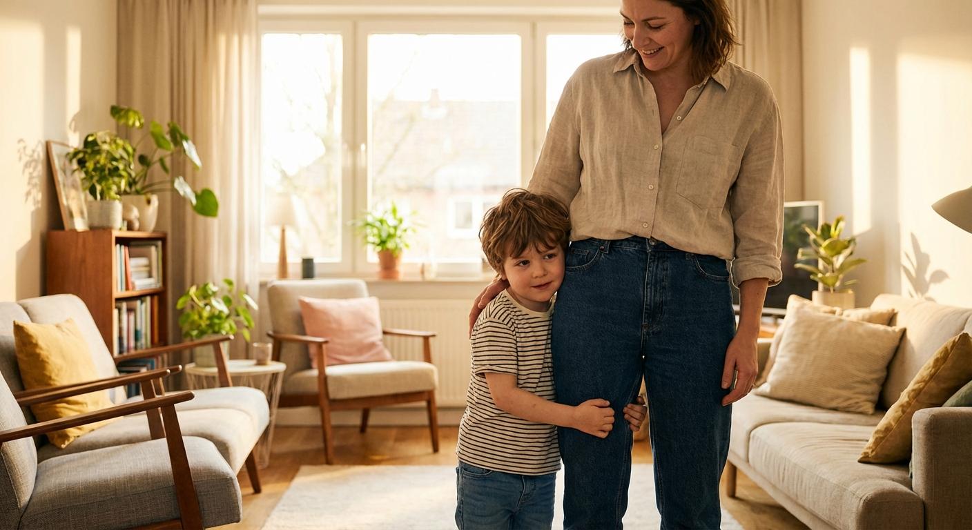 Un petit garçon hésitant se blottit contre sa mère illustrant le sentiment que mon enfant a peur de tout dans un salon lumineux