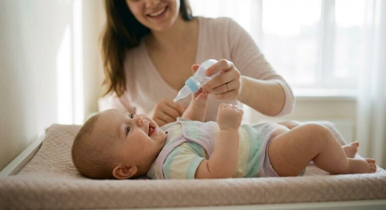 A baby lying on a changing table looking at a nasal aspirator held by his mother