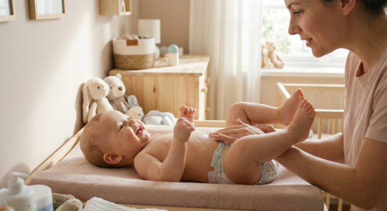 Un bébé allongé sur une table à langer recevant des soins de sa mère pour traiter une mycose fesses bébé