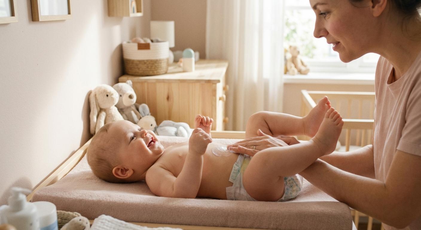 Un bébé allongé sur une table à langer recevant des soins de sa mère pour traiter une mycose fesses bébé