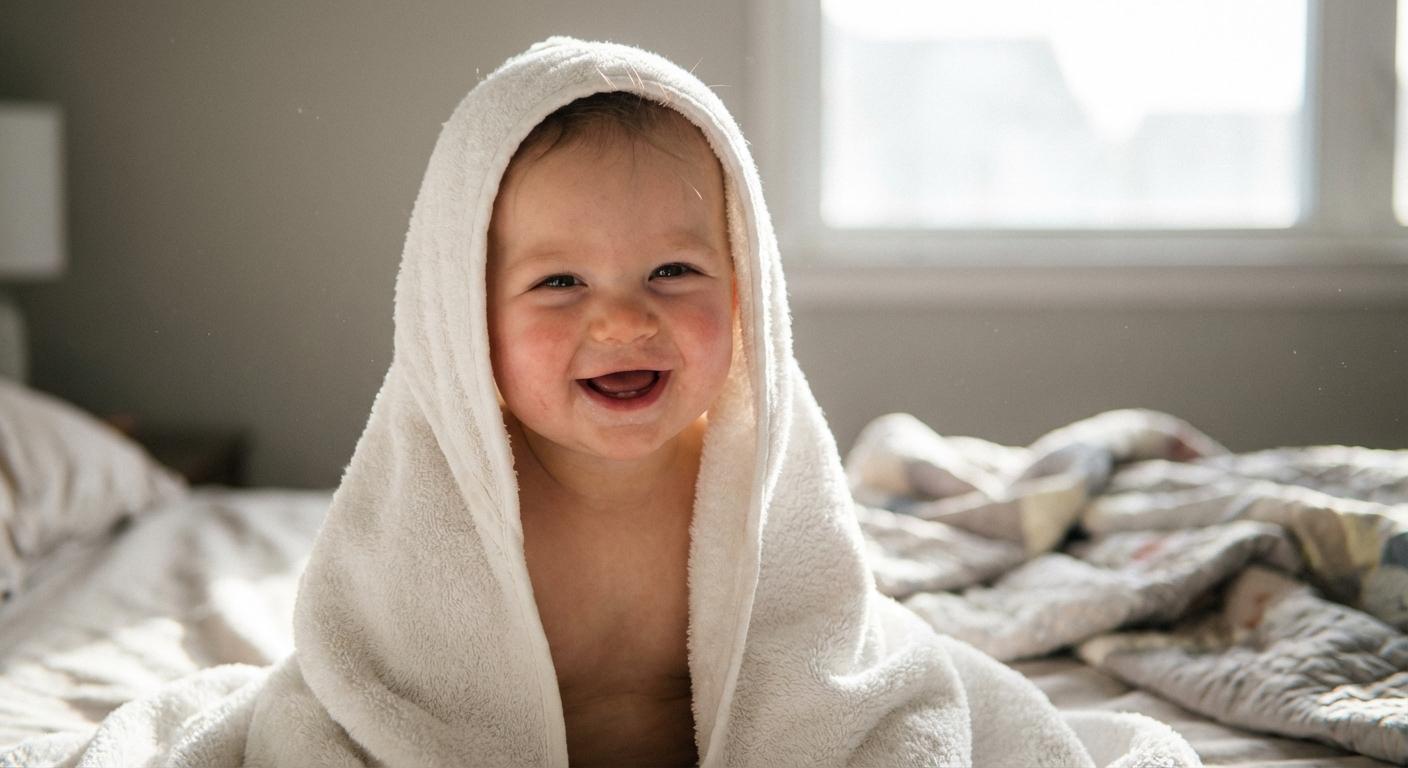 Un bébé souriant enveloppé dans une serviette douce après le bain pour prévenir la mycose fesses bébé
