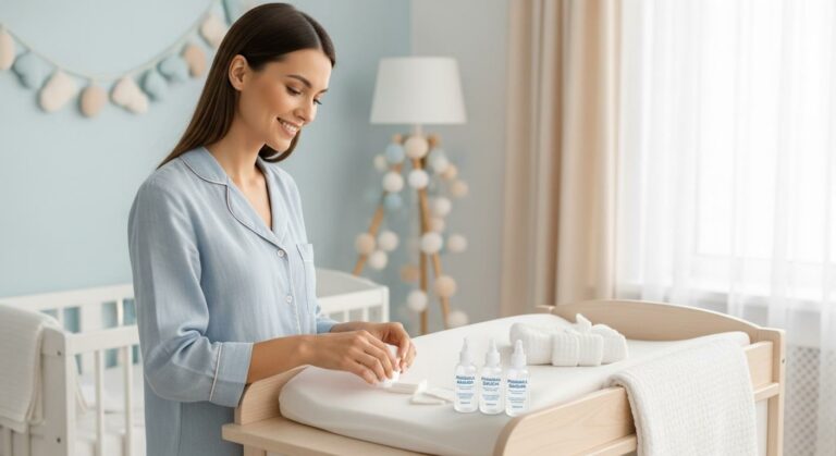 A mom organizes cotton pads and serum on the changing table to clean baby ears