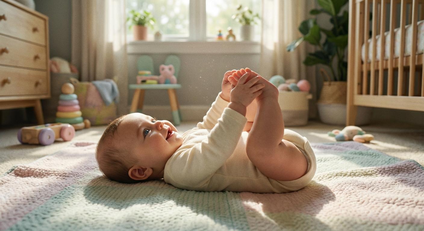 An infant who does not sleep during the day playing awake on a blanket