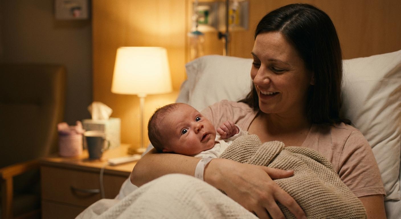 An awake newborn in his mom's arms during the java night 2nd night at the maternity ward
