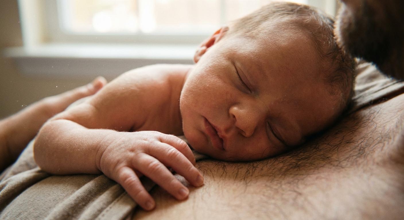 A calm baby skin-to-skin on a parent's chest after the agitation of the java night 2nd night