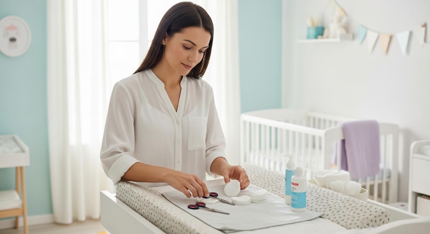 Une maman prépare le matériel de soin nécessaire pour soulager un ongle incarné bébé sur la table à langer