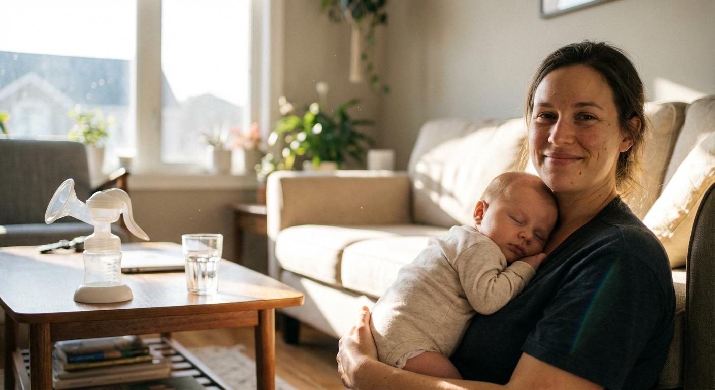 Bébé endormi sur maman à côté d'un tire-lait pour stimuler la lactation quand on craint de ne pas avoir assez de lait maternel