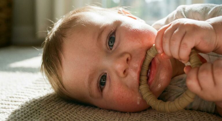 Un bébé souriant machouille un anneau de dentition avec un petit bouton autour de la bouche bébé visible sur le menton