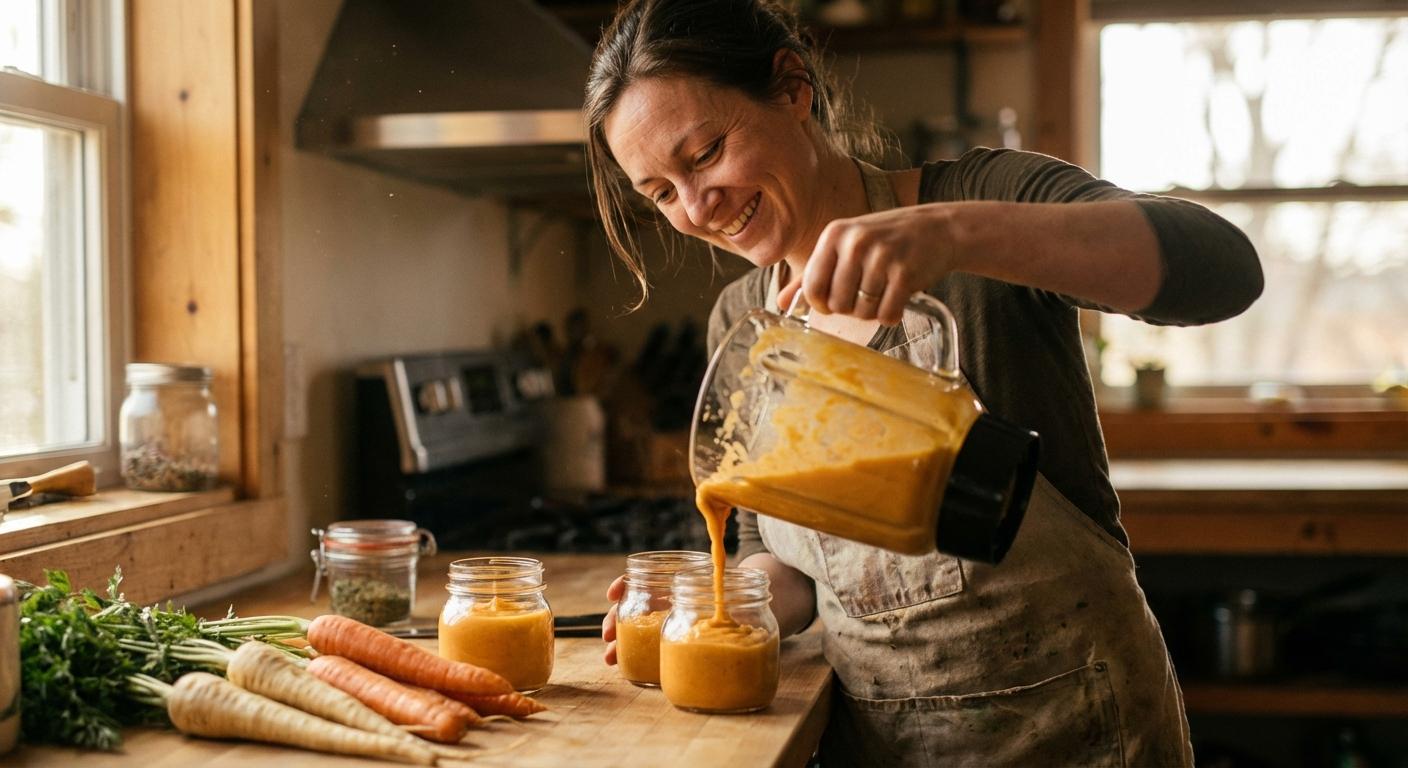 Une jeune maman remplissant des petits pots maison avec de la purée de carotte fraîche dans une cuisine