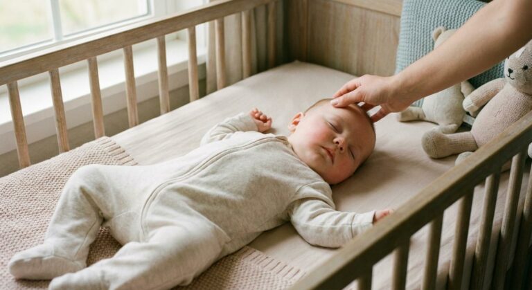 Feverish baby sleeping in crib monitored by parent fearing baby pneumonia