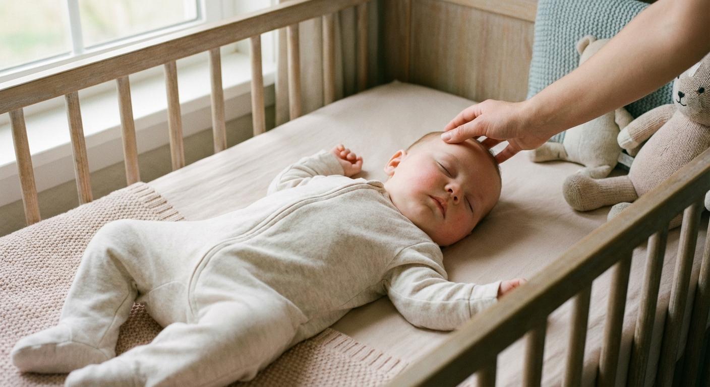 Feverish baby sleeping in crib monitored by parent fearing baby pneumonia