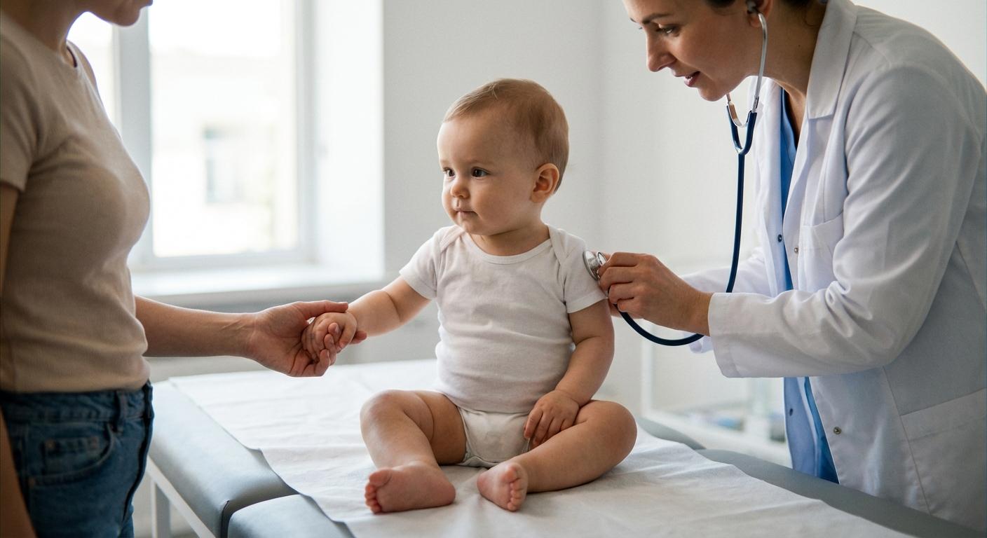 Stethoscope auscultation by a pediatrician to detect baby pneumonia