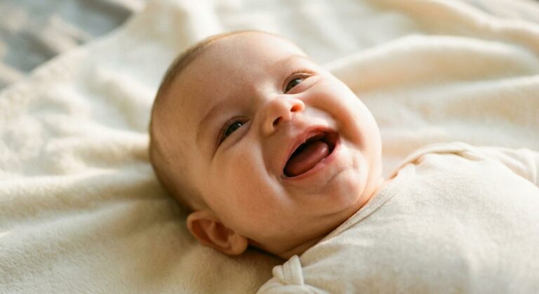Close-up on the smiling face of an infant whose parents are monitoring the appearance of a white spot on gum announcing the 1st tooth