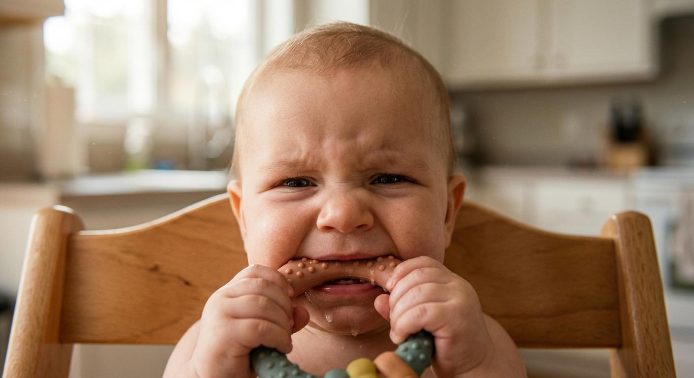A young child biting on a toy to relieve pain related to a gingival cyst or white spot on gum before the 1st tooth emerges