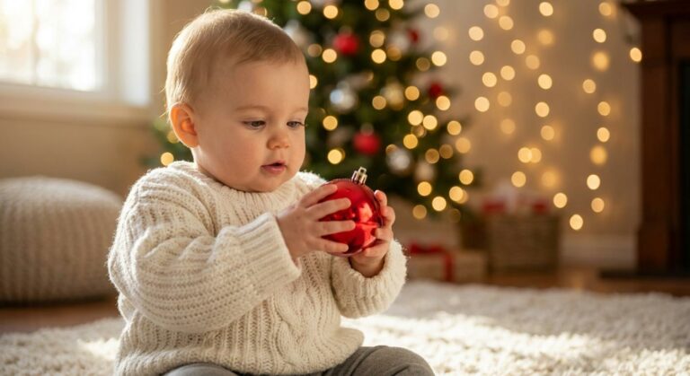 Amazed baby holding a red bauble in front of the tree for baby's first Christmas