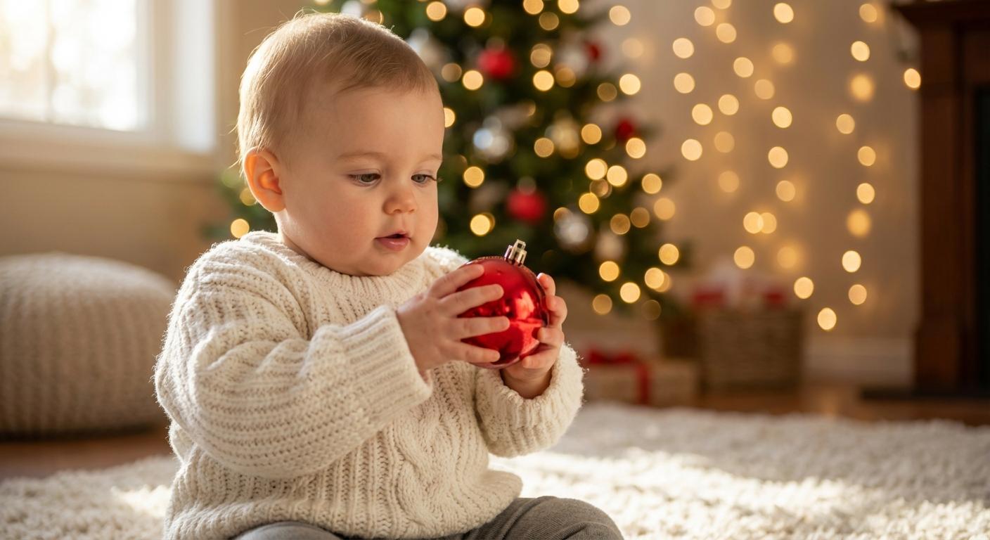 Amazed baby holding a red bauble in front of the tree for baby's first Christmas