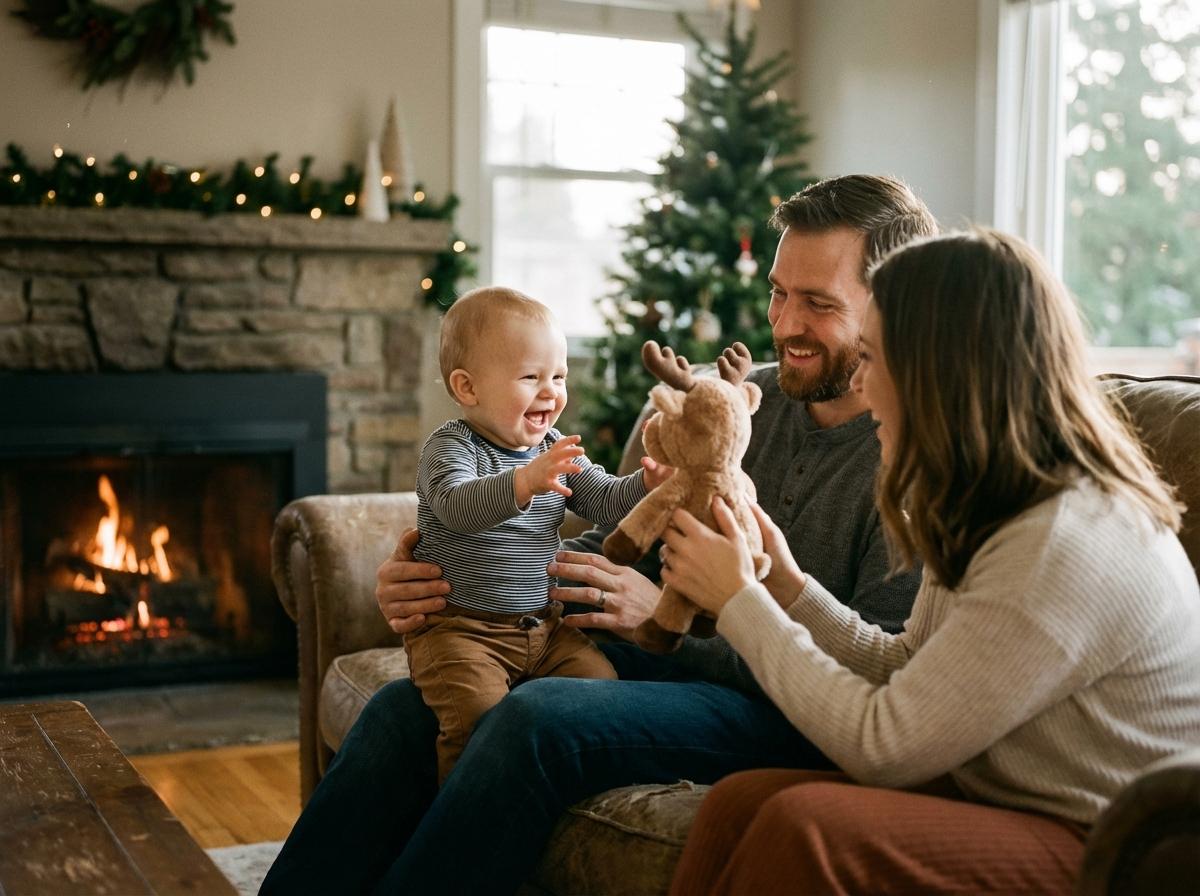 Parents giving a plush toy to their child during baby's first Christmas