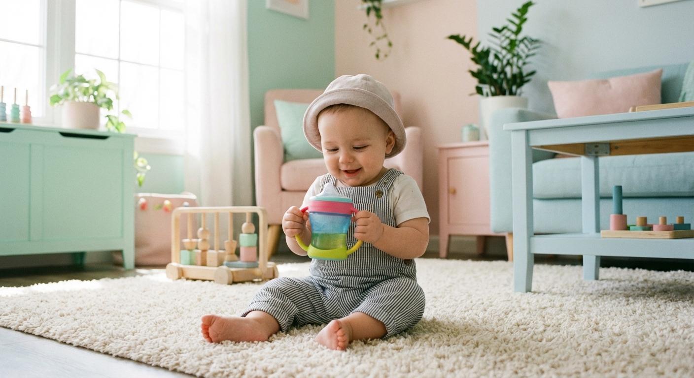 Un bébé de six mois tenant une tasse d'apprentissage pour illustrer quand donner de l'eau à bébé.