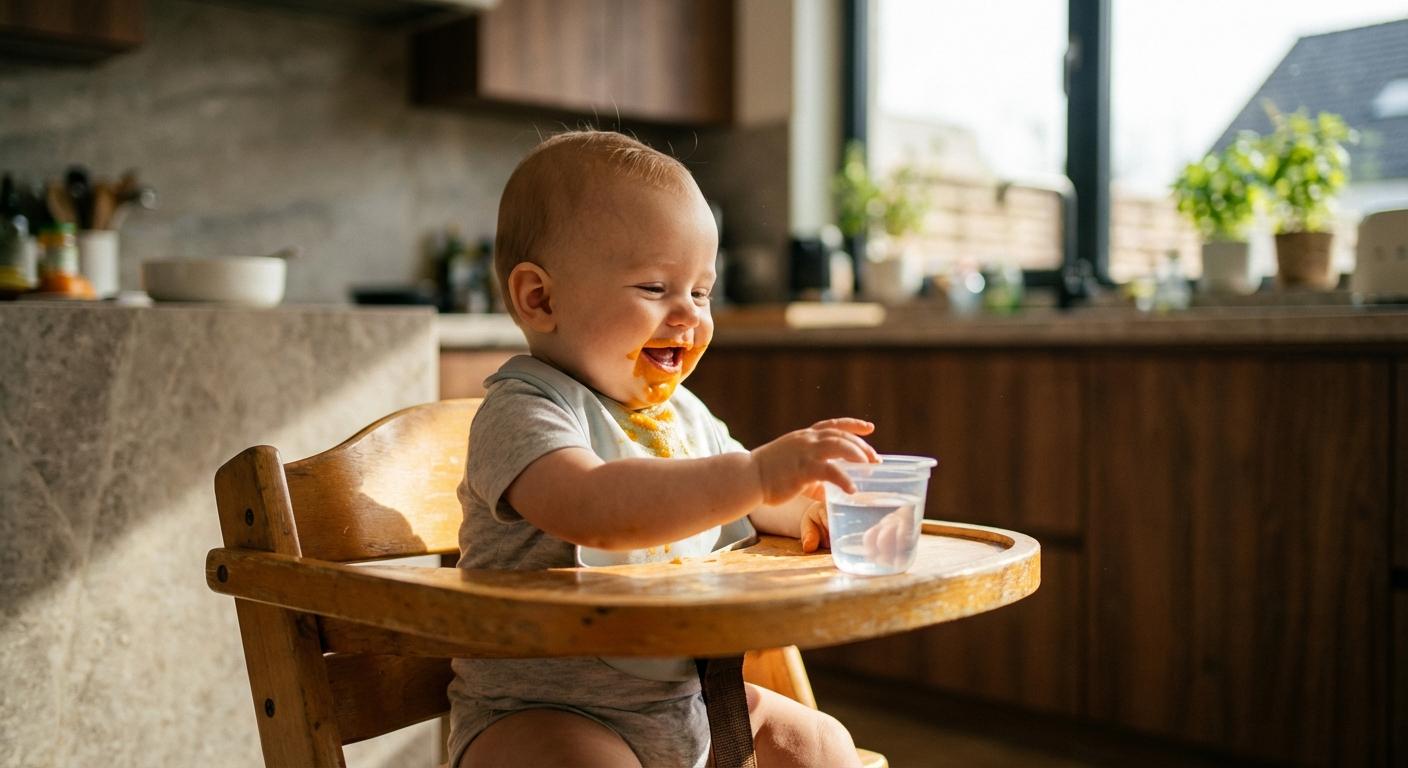 Un bébé mangeant de la purée avec un verre d'eau à proximité, exemple de quand donner de l'eau à bébé.