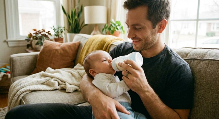 Un nourrisson buvant un biberon dans les bras de son père illustrant les bonnes quantités de lait pour nourrisson