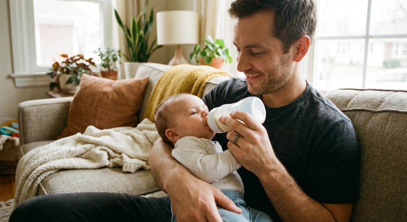 Un nourrisson buvant un biberon dans les bras de son père illustrant les bonnes quantités de lait pour nourrisson