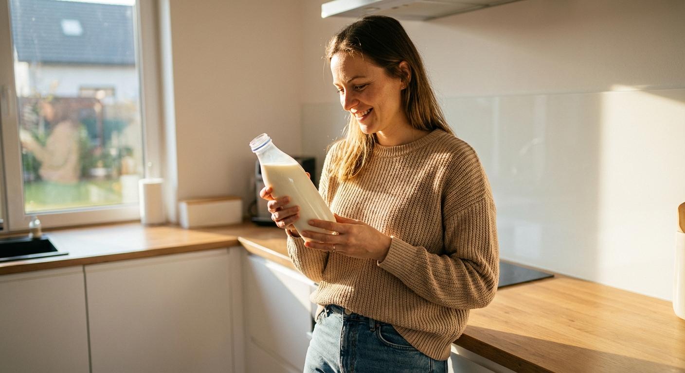 Une maman souriante préparant un biberon dans sa cuisine en respectant les quantités de lait pour nourrisson nécessaires
