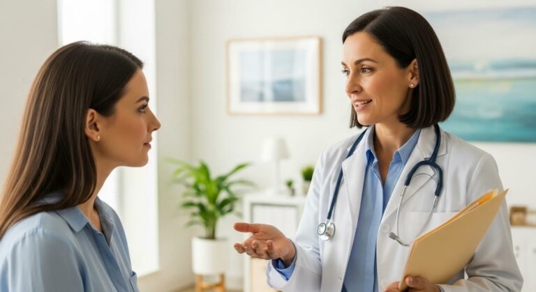 Une maman consulte un médecin pédiatre dans un cabinet lumineux pour parler de la rougeole bébé et de la vaccination