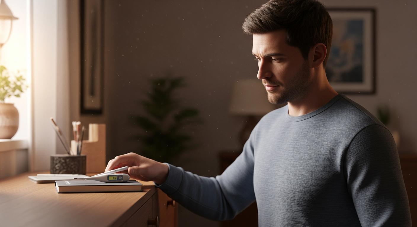 Un papa prépare des médicaments et un thermomètre sur une table pour soigner la rougeole bébé