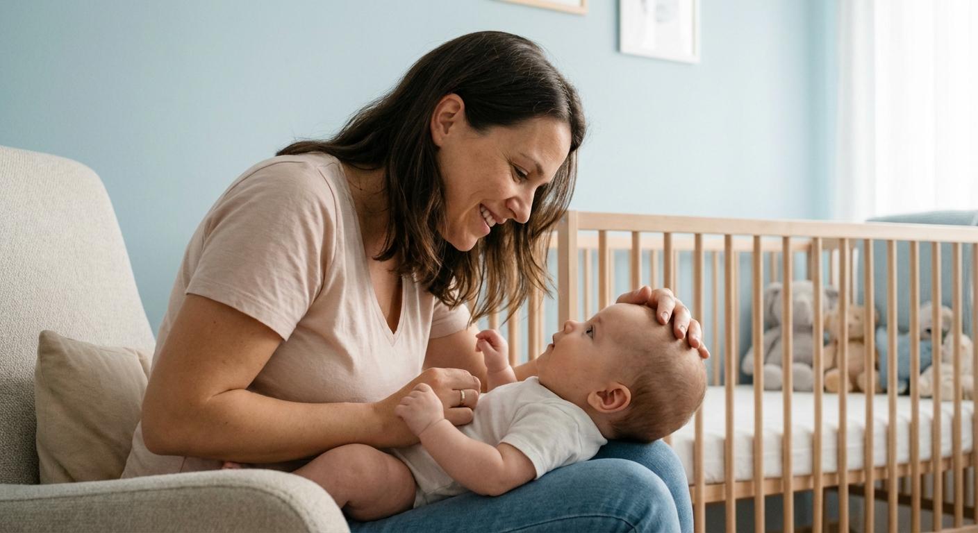 A mom tenderly examines baby scalp dryness on her child in a bright room