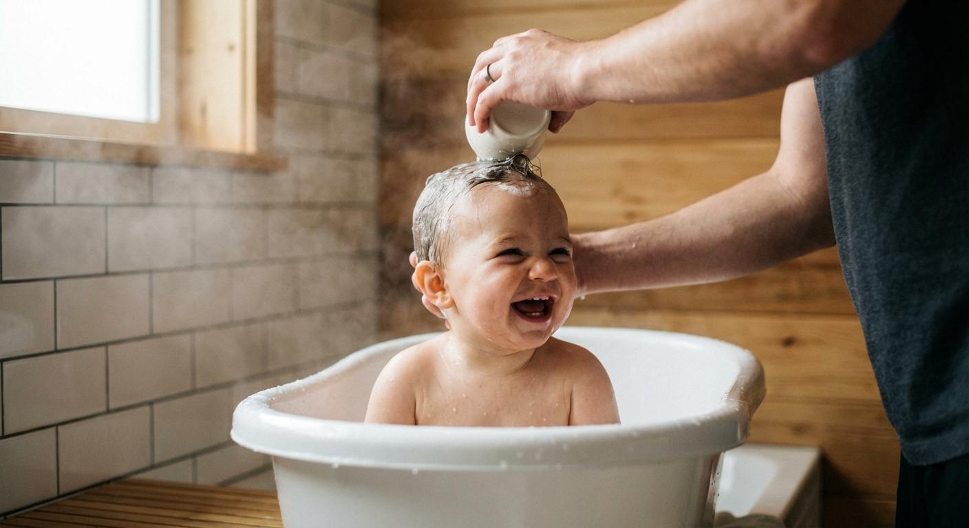 A laughing baby in the bath receiving moisturizing care for baby scalp dryness