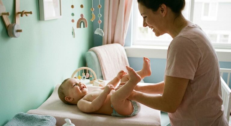 Un bébé joyeux sur sa table à langer pendant que sa maman vérifie l aspect des selles bébé allaité