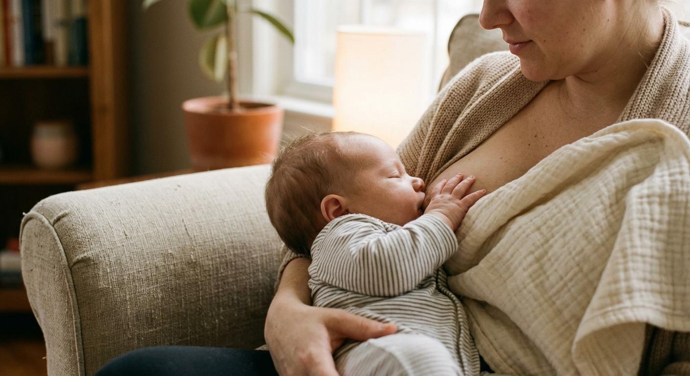 Un nourrisson en train de téter dans les bras de sa mère influençant la texture des selles bébé allaité