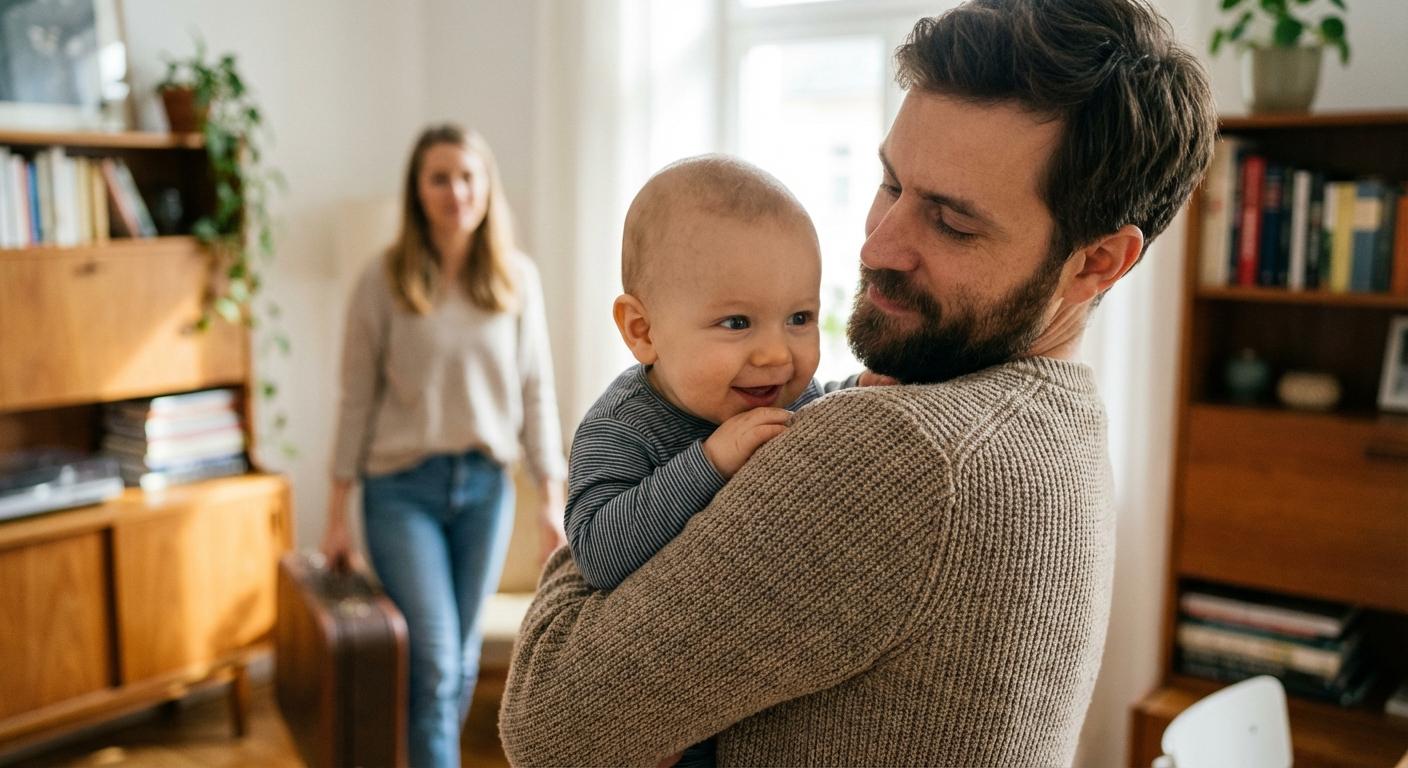 Un bébé calme dans les bras de son père avant une séparation bébé maman plusieurs jours
