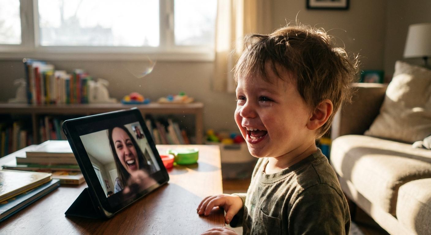 Un enfant joyeux en appel vidéo pour maintenir le lien malgré la séparation bébé maman plusieurs jours