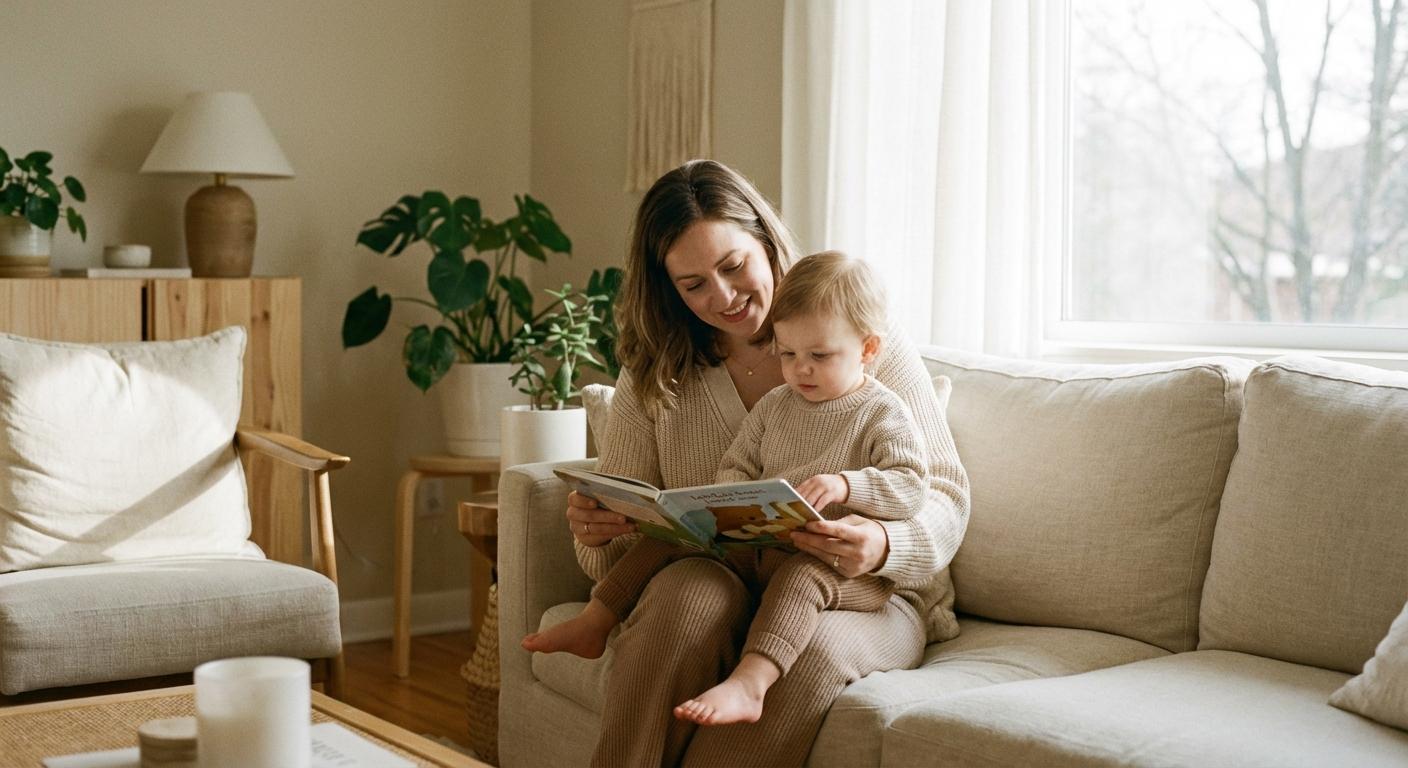 Maman câlinant son enfant qui lit un livre pour illustrer le lien maternel qui perdure lors du sevrage naturel allaitement.
