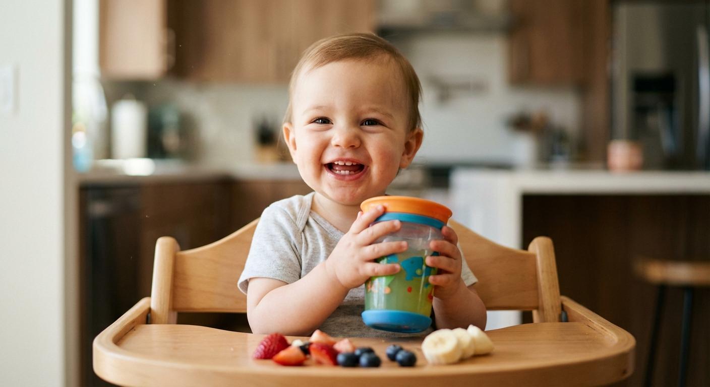 Un bébé souriant buvant de l'eau dans une tasse d'apprentissage marquant l'étape du sevrage naturel allaitement.