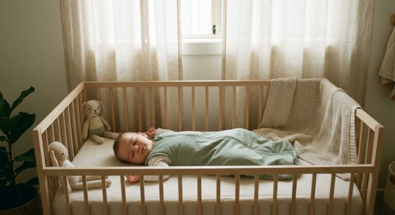 Bébé de 9 mois qui dort paisiblement dans son lit illustrant le rythme des siestes bébé de 7 à 12 mois