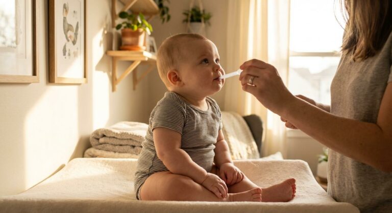 Un bébé de quelques mois avale doucement un sirop pour la toux bébé donné à la pipette par sa mère