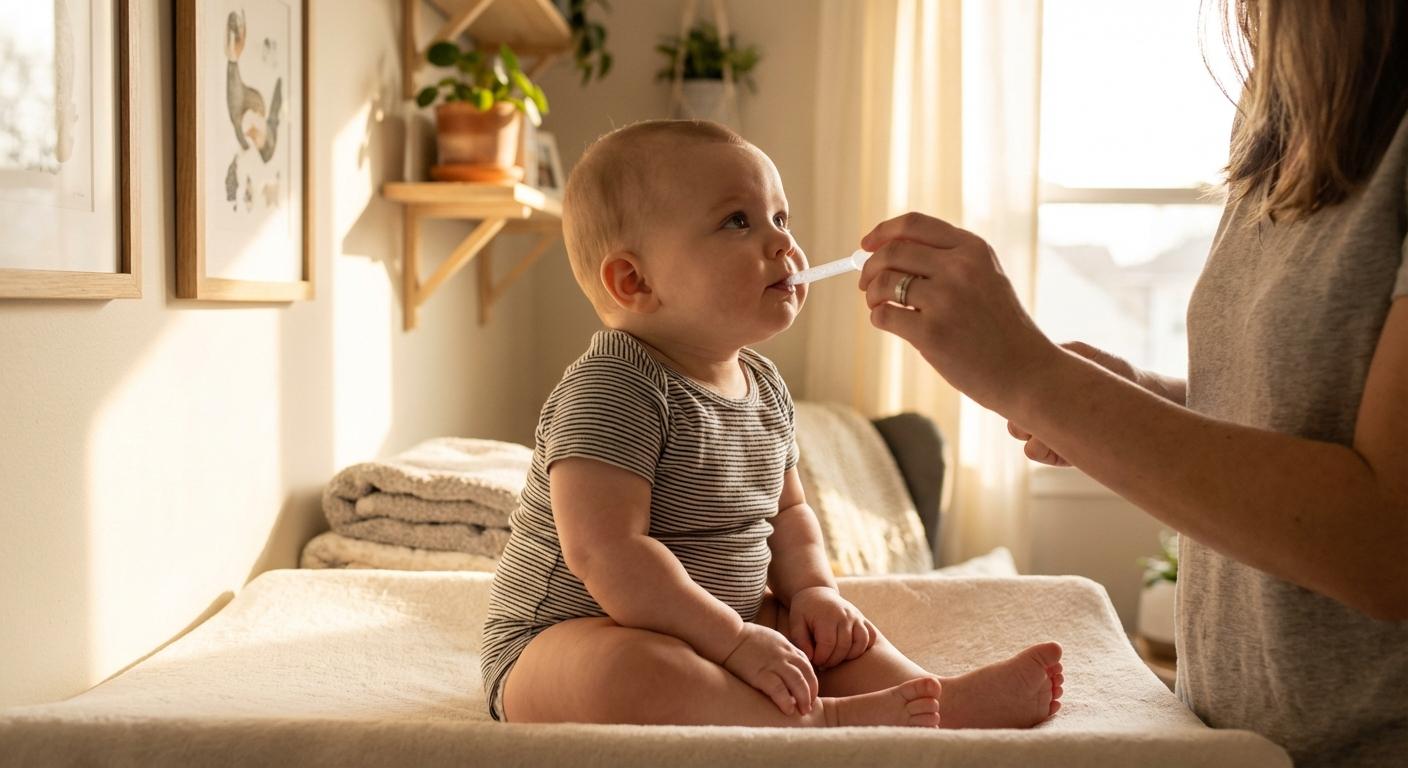 Un bébé de quelques mois avale doucement un sirop pour la toux bébé donné à la pipette par sa mère