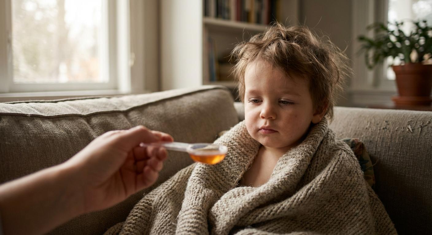 Un jeune enfant malade emmitouflé dans une couverture attend sa dose de sirop pour la toux bébé